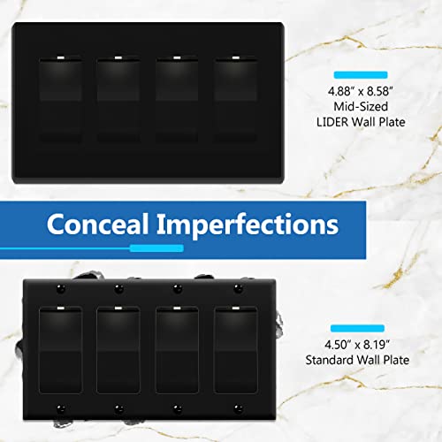 Image of LIDER Quadruple Decorator Switch Cover, Screwless Wall Plate, Mid-Size 4-Gang 4.88 inch x 8.58 inch, LSWP-34M-BK2P, UL Listed, Thermoplastic, Matte Black, 2-Pack