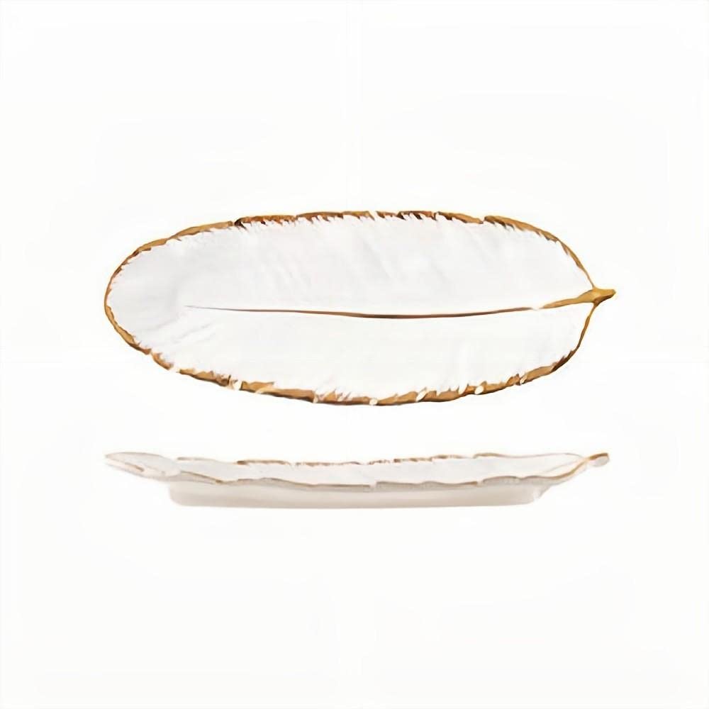 Light Luxury Ceramic Tableware Phnom Penh Emerald Feather Western Steak and Fish Plate, Banana Leaf Dessert and Jewelry Plate (White Trumpet)
