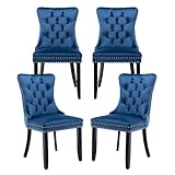 MZDOO Blue Velvet Dining Chairs Set of 4, Tufted Upholstered Dining Room Chairs with Back Ring Pull, Nailhead Trim and Solid Wood Legs, Modern Dining Chairs for Dining Room, Kitchen(Blue)