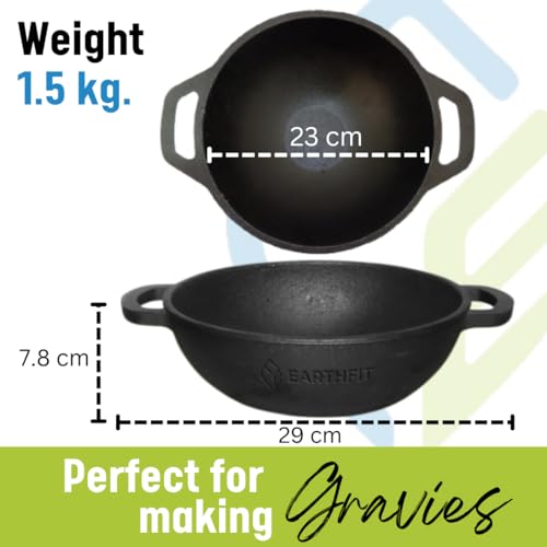 Image of EARTHFIT Cast Iron Kadai 8 Inches with Twin Handles | Durable Iron Kadhai for Cooking and Deep Frying | Pre-Seasoned Kadai Cast Iron for Healthy Cooking