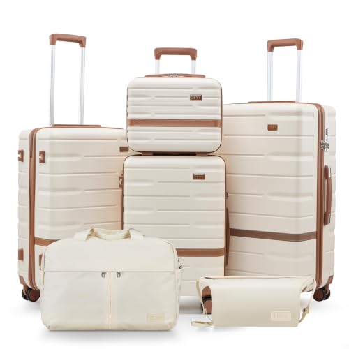 Image of NEISIA Luggage Sets with TSA Lock Hardside PC+ABS Carry On expandable Suitcase with Spinner Wheels Lightweight Rolling Travel Luggage Sets with YKK (Beige(New), 6 piece sets(14 /20 /24 /28 /DB /TB))