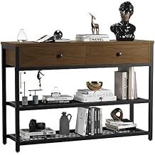 Console Table, Entryway Table, Beside Table with 2 Drawers and 3 Tiers Open Shelf, Durable Structure with Metal Frame, Round Shape Drawer Handle for Hallway, Living Room in Brown