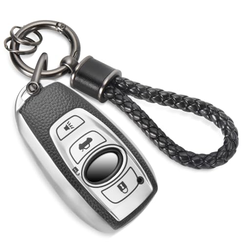 Image of Key Fob Cover for Subaru, Braided Loop Keychain Accessory, Silver | Wear-resistant TPU shell, short PU braided loop, daily splash, scratch and drop protection, normal signal use, easy setup