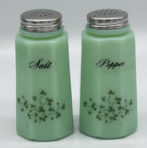 Salt & Pepper Shaker Set - Paneled Pattern - Decorated - American Made - Mosser Glass USA (Jade w/Shamrocks)