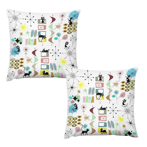 Colorful Geometric Pillow Covers,Vintage Mid Century Cute Cat Abstract Morden Soft Plush Cushion Cases Set of 2 for Bedroom Sofa Recliner Car Chair Living Room Couch, 18x18in
