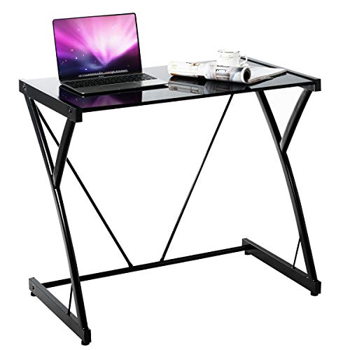 COSTWAY Bureau PC Ergonomique, Bureau Informatique avec Pieds Réglables, Plateau en Verre Trempé, Structure en Forme de Z et Cadre en Fer, 80 × 50 × 70,5 cm, pour Bureau à Domicile, Noir