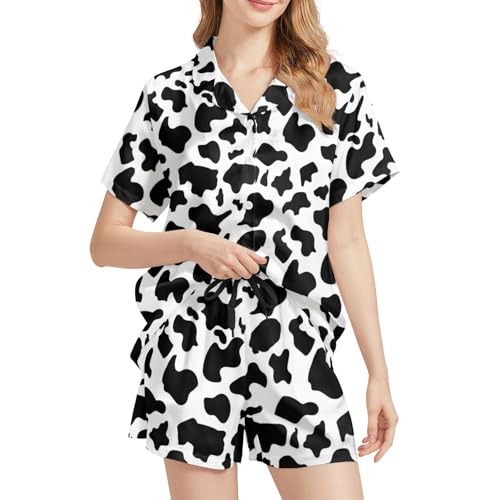 Image of Funny Satin Pajamas Set for Women Button Down Sleepwear Print Pjs Set 2 Piece Short Sleeve Loungewear Gift for Women