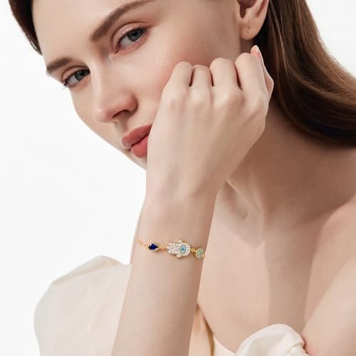 Cicy Bell Womens Evil Eyes 18K Gold Plated Link Bracelets Hamsa Hand Turquoise Cubic Zirconia Cable Chain Charm Bracelets Trendy Jewelry Gifts for Lover Mom Friends3