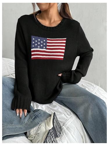Image of SweatyRocks Women's Flag Pattern Long Sleeve Round Neck Sweater Casual Loose Pullover Sweater