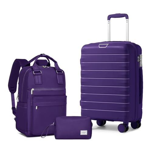 Image of LARVENDER Carry On Luggage 22x14x9 Airline Approved, Suitcases with Wheels | Hardside PP Carry On Suitcase with Backpack, Luggage Sets for Women Men, TSA Lock, Grape Purple