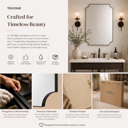 Image of TEHOME 24x30'' Black Vanity Mirror for Bathroom, Matt Black Scalloped Framed Bathroom Vanity Mirror