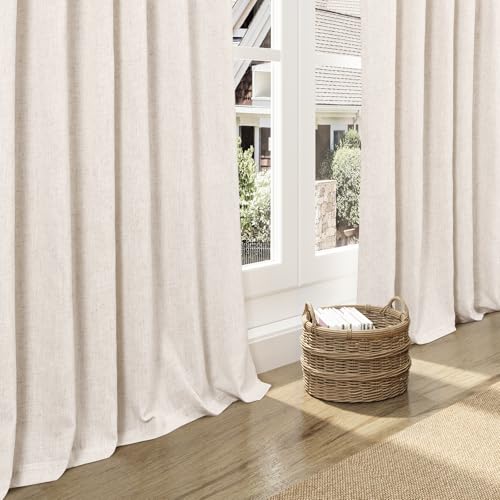 Image of Beige Linen Curtain 96 inches Long for Living Room Back Tab Neutral Vintage Country Rustic Farmhouse Curtain Burlap Textured Canvas Cloth Look Linen Drapes 96 inch Length for Dinning Room Bedroom 8 FT