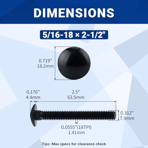 Image of 5 /16-18 x 2-1 /2 inch Black Carriage Bolts with Nuts and Washers Kits (10 Sets), 304 Stainless Steel 18 /8, Black Finish, Round Head, Square Neck, Heavy Duty Bolts, Indoor Outdoor Fastening Bolts, Fayeploo
