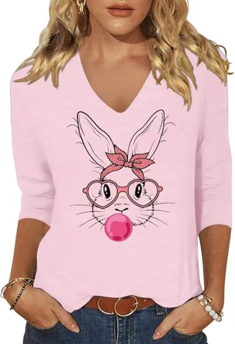 Image of Womens 3 /4 Sleeve V Neck Valentine T Shirts Love Heart Printed Graphic Tee Tops