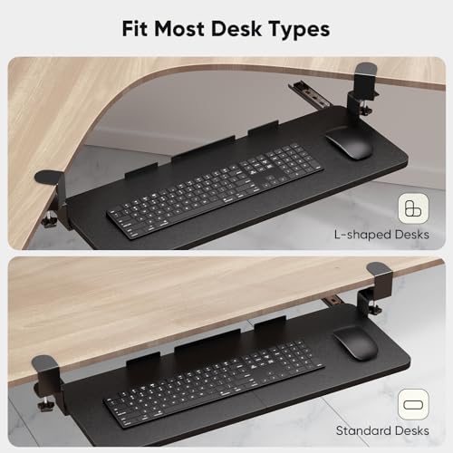 POKIPO Keyboard Tray Under Desk, 25.7 x 9.3 inch Slide-Out Platform with 45° Adjustable C Clamp for L Shaped Desk, Ergonomic Computer Keyboard & Mouse Drawer, Black
