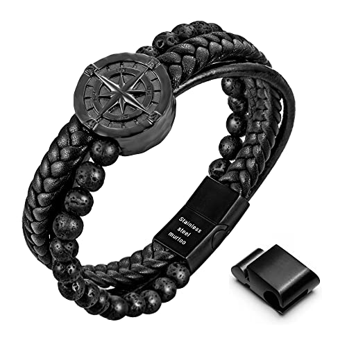 Image of murtoo Men's Bracelet Leather with Compass, Braided Leather Bracelets for Men Magnetic Clasp 7.5 /8.5 /9.5 inch Gift for Husband Boyfriend Father