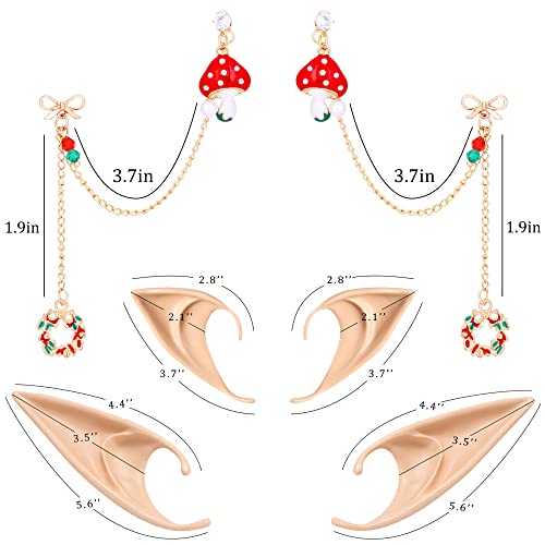 Freshme Elf Ears With Mushroom Bow Knot Christmas Ear Chains Earrings Set - Fairy Elf Ears And Gold Bow Ear Tassel Piercings Ear Cuffs For Women Girls Christmas New Year Party Cosplay Accessories Gift #TOP4