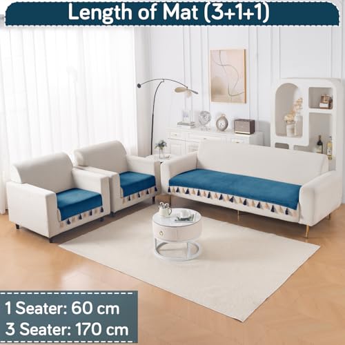 Image of HOKIPO 5 Seater Sofa Cover Mat with Tassel in 3+1+1 Configuration | Dyed Holland Velvet Fabric | 'TasselTone Series' | Sea Blue (IN-1108+1104-BL*2)