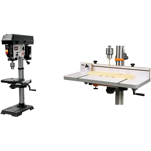 JET 12-Inch Variable-Speed Benchtop Drill Press, 1/2 HP, 1Ph 115V (JWDP-12) & WEN DPA2412T 24 in. x 12 in. Drill Press Table with an Adjustable Fence and Stop Block