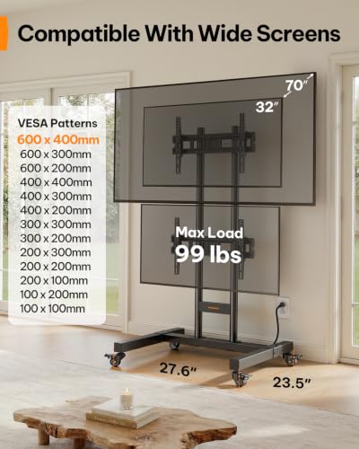 Image of Perlegear Rolling TV Stand for 32-70 Inch Dual Screens, Holds up to 99 lbs Each, Mobile TV Stand with Power Outlet and Lockable Wheels, Tilt & Height Adjustable TV Cart, Max VESA 600x400mm, PGTVC31B