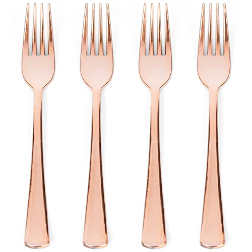 Prestee Set of 100 Rose Gold Plastic Forks Disposable - 7-in Heavy-Duty Fork Flatware - Bulk Pack Fancy Silverware - Sturdy Pink Cutlery for Weddings Birthday Parties Buffets Catering and Events
