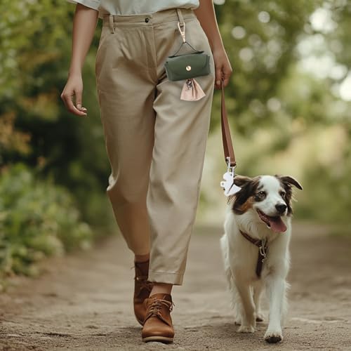 Image of Affrolling 5 Pcs Leather Dog Poop Bag Holder Christmas Include 45 Scented Poop Bags Dispenser Cute for Travel Walking Dog Park and Outdoor Use(Dark Green)