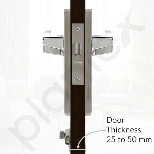 Image of Plantex Heavy Duty Bathroom Door Lock - Mortise 8 Inch Keyless Plate Handle Set for Home /Bathroom /Store Room /Balcony /Office with Baby Latch (8133-Satin Steel & Chrome)