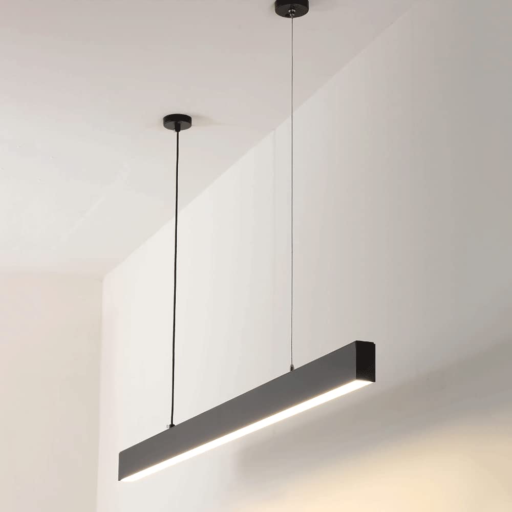 Mjsdjof Floodlight Aluminum Linear Pendant Lights, Black Rectangular Hanging Light With Strip Acrylic Shade, Modern Led Suspension Lighting, Creative Dining Room Droplights (White Light-6000K)