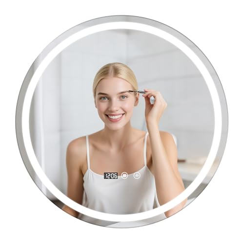 Espejo de baño redondo LED de 61 cm (24 pulgadas), espejo de pared de maquillaje, iluminación LED regulable y sensor táctil, espejo luminoso moderno para cuarto de baño (EU)
