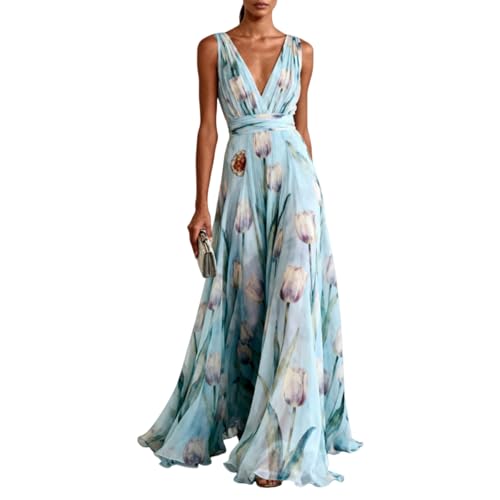 Blue Tulip Print Evening Dress Elegant and Flowing Women’S Sleeveless V Neck Chiffon Maxi Dress Light Blue Floral Dress (Small,Sky Blue)