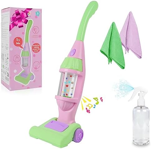 Kids Vacuum Cleaner Toy, Toy Vacuum Cleaner for Toddlers with Light & Sounds Effects & Whirling Stars, Pretend Play Household Housekeeping Cleaning Play Set Learning Toy for Kids Girls Boys Toy, Pink