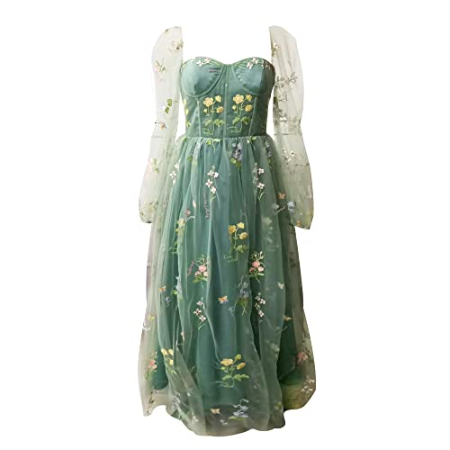 Haooyeah Damen Puffärmel Abendkleid Elegante Blumenstickerei Tüll Kleid...