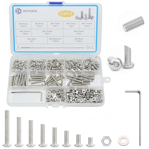 WZHUIDA 330 Stück M4 Schrauben Set, Edelstahl Linsenkopf Metrisch Innensechskant Muttern und Unterlegscheiben Sortiment, Gewindemaschinen Sechskantschrauben