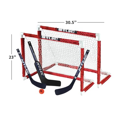 MyLec Deluxe Mini Hockey Set, with 2 Hockey Goal, 2 Pre-Curved Hockey Sticks,1 Goalie Stick & 1 Soft Ball, Sleeve Netting System, PVC Tubing Net, Lighweight & Durable, Enhanced Grip (Red/White)