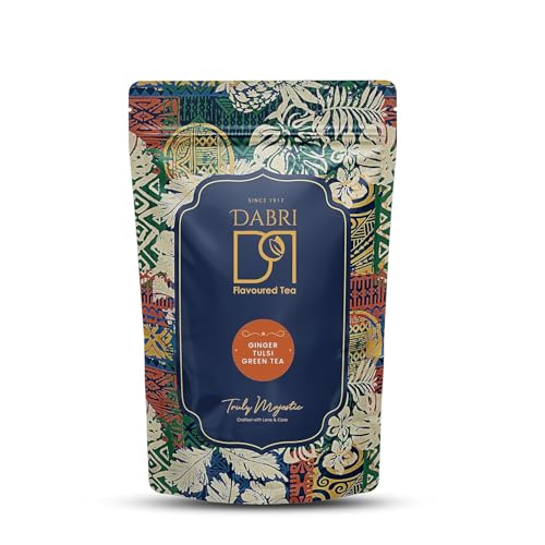 Image of Dabri Ginger Tulsi Green Tea 100gm Pouch | Natural Flavoured Long Leaf Tea | Pure & Refreshing | Rich in Antioxidants | Immunity Booster | Relieves Cough, Cold & Indigestion