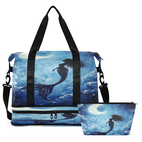 Mermaid Moon Blue Travel Duffel Bag for Women Men Gym Bag with Shoe Compartment Wet Pocket Carry On Weekender Overnight Bags for Travel Gym Yoga School