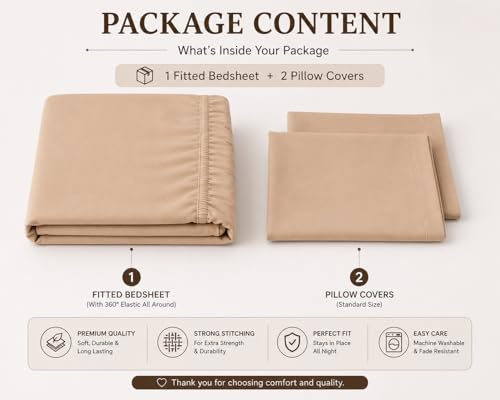 Image of Blue Strip Fitted Bedsheet with 2 Pillow Covers, Beige, 72x78 Inch, 360 Elastic, Fits Double, Queen & King Beds up to 8 inch Deep
