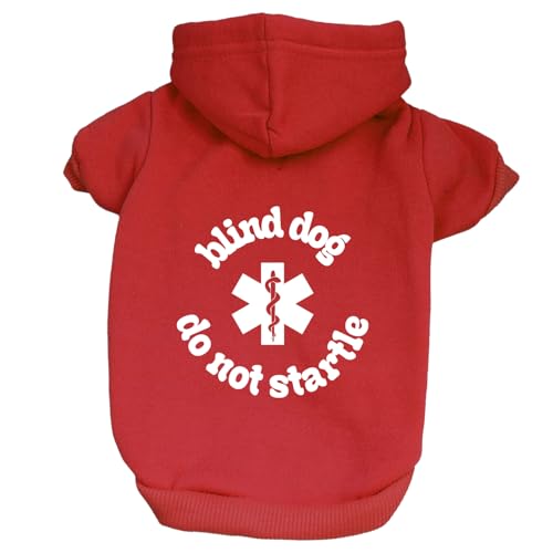 Blind Do Not Startle Dog Hoodie | Fleece Lined |Leash Hole| Blind | Vision Impaired Pet Warning | Nervous|Red, X-Small 1361