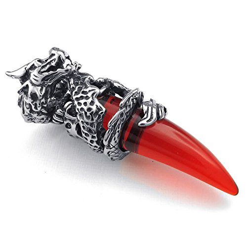KONOV Mens Gothic Dragon Tooth Crystal Stainless Steel Pendant Necklace, Red, 26