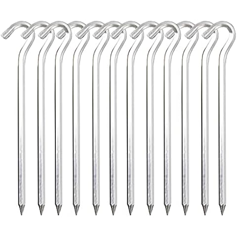 7 inch aluminium tent stakes with hook, garden camping pegs for pitching tent, 12 pieces Cover