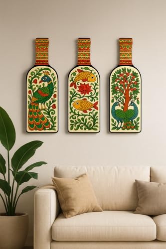 Image of GENXTRA Madhubani-art bottles Wooden Wall Hanging for Home Decor | Decoration Items for Home | Art Item for Office | Decorative Mdf Wall Hanging (BH3-06)