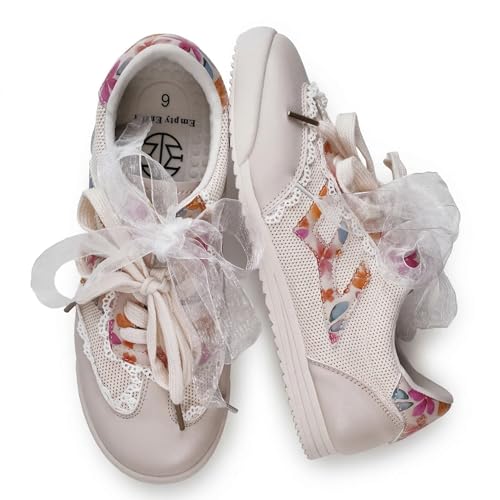 E E EMPTY ENTIRE Women's Lace Detail Casual Sneakers - Elegant Ribbon Lace-Up with Cushioned Arch