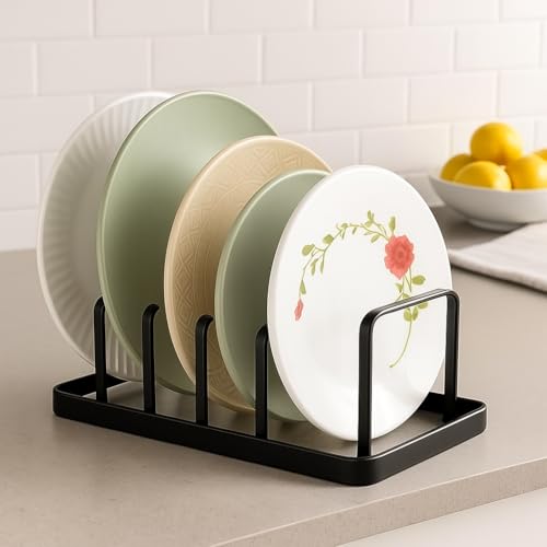 Image of Dish Rack Organizer for Kitchen - 5 Compartment Countertop Dish Drying Rack, Space-Saving Black Iron Dish Drainer Rack, 8.5 x 5 x 4 Inches