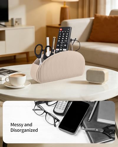 Image of SITHON Remote Control Holder with 5 Compartments - PU Leather Remote Caddy Desktop Organizer Store TV, DVD, Blu-Ray, Media Player, Heater Controllers, Stripe Latte
