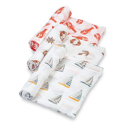 Image of LollyBanks 100% Cotton Muslin Swaddle Blankets, Large 47 x 47 Inches, Soft and Breathable, Cozy Newborn Swaddle, Baby Essentials, Registry (Sail Away 3 Pack)