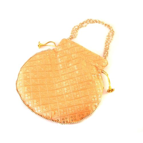 Image of Handcrafted Potli Purse with Golden Floral Embroidery and Pearl Accents