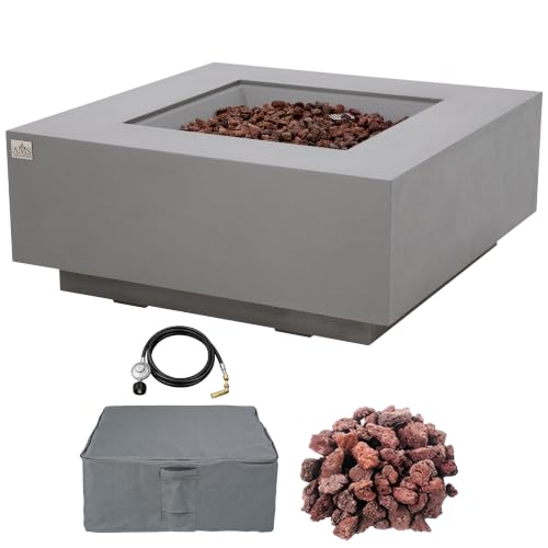 Image of AMS Creations | Brooklyn 40 inch Square Propane Gas Outdoor Fire Pit Table | Light Gray Concrete GFRC Smooth Texture Surface Fire Pit Table