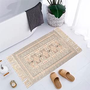 Cotton Area Rug 2' x 3', KIMODE Woven Fringe Throw Rugs Print Tassel Chic Modern Geometric Welcome Door Mat Machine Washable Floor Runner Rug for Porch Kitchen Bathroom Laundry Living Room