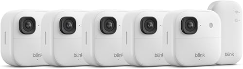 Blink Outdoor 2K+ (newest model) — Wireless smart security camera, 2K video resolution, enhanced audio, two-year battery. Sync Module Core included — 5 camera system (White)