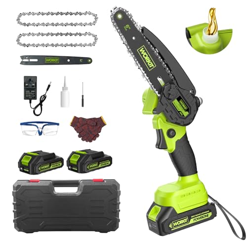 WORKIT 6 Inch Mini Chainsaw Brushless & Cordless Upgraded Motor & 2X 2000mAh Batteries with 60+ Mins Runtime Electrical Chainsaw with Auto Oiler & Safety Lock for Wood Cutting Garden Pruning